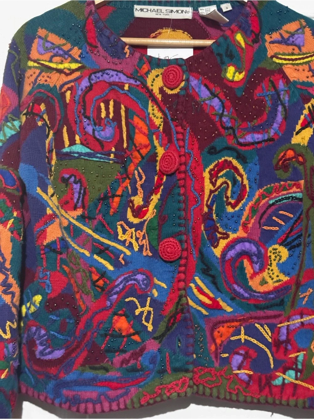 Michael Simon Multicolor Abstract Knit Cardigan with Red and Purple Accents
